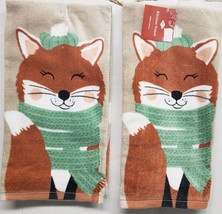 Set Of 2 Cotton Kitchen Terry Towels(16&quot;x26&quot;) Cozy Fall Autumn Fox In Scarf,Ritz - £12.68 GBP
