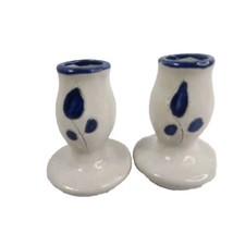 Pair Williamsburg Pottery Blue Floral Handmade Pottery Bud Vase Candlestick 3.5&quot; - £7.78 GBP