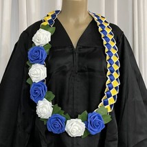 Graduation Lei Flower Blue White Yellow Roses Four Braided Ribbons - £37.19 GBP