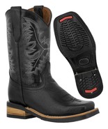 Kids Unisex Grain Leather Western Wear Rodeo Boots Black Square Toe Botas - £43.95 GBP