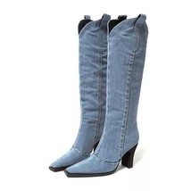 New Women&#39;s Thick Heel Denim Knee High Rider Winter Fashion Boots US 6.5-8  - £50.25 GBP