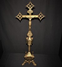 Antique 1850’s French Large 31&quot; Freestanding Brass Altar Crucifix INRI Cross - £668.40 GBP