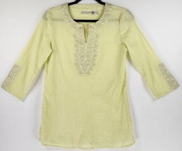 Chicos Shirt Womens 0 Yellow Band Collar V Neck 3/4 Sleeve Glitter Trim Blouse - £17.14 GBP