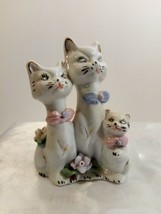 Vintage White Porcelain Cat Family Figurine with Flowers - £11.68 GBP