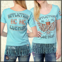 Affliction Love Machine AW4705 Angel Wings Fringe Womens Scoop T-Shirt B... - £52.12 GBP