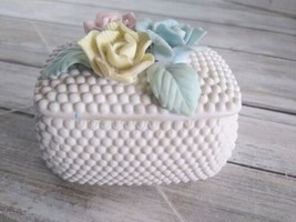 Vintage Hobnail Look Ceramic/Porcelain Rectangle Trinket Box  W/ 3D Pastel Roses - £4.99 GBP