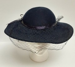 Sonni Sf Bollman Co Black Wool Felt Spoon Hat Short Veil Band Bow One Size Vtg - £47.11 GBP