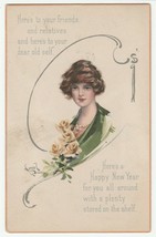 Vintage Postcard New Year Pretty Woman with Roses 1918 Lyman Powell - £7.11 GBP