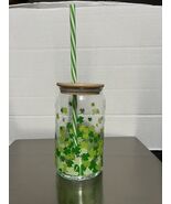 Glass Cup with Bamboo Lid Straw Green Four Leaf Clovers St. Paddy To Go ... - $20.94 CAD