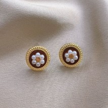 Retro Round Metal Enamel Stud Earrings Crystal imitation Pearl Flower Earrings - £9.38 GBP