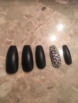 Set Of Painted Black Matte Bling Rhinestone Long Coffin False Nails - £18.20 GBP