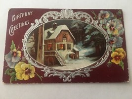 Vintage Postcard Posted 1909 Birthday Greetings Barn Snow &amp; Flowers - £1.86 GBP