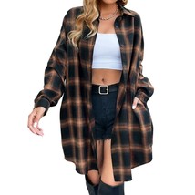 Women&#39;S Button Down Flannel Shirts Plaid Shacket Long Sleeve Collared Long Jacke - £50.76 GBP
