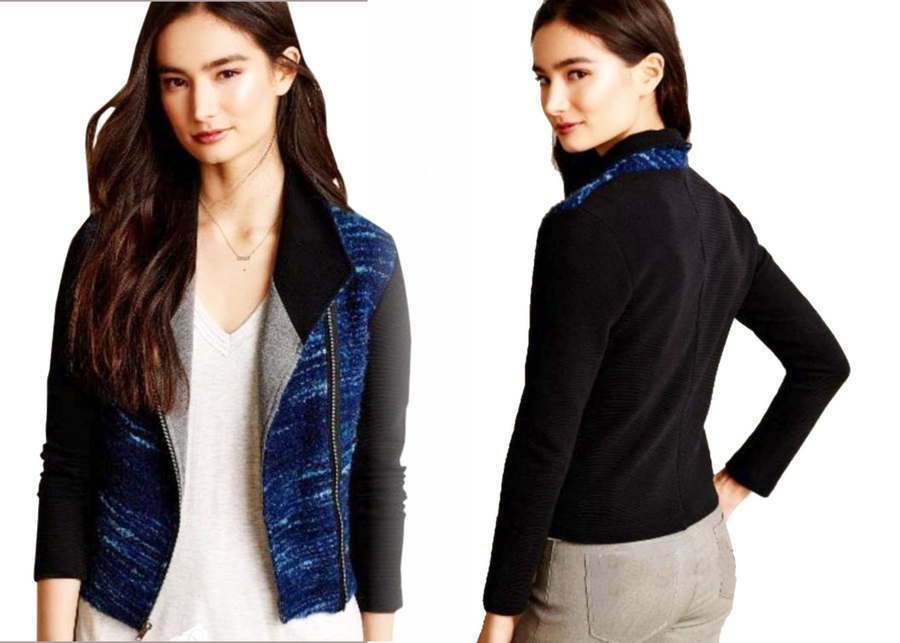 Anthropologie Boucle Moto Jacket Small 2 4 Black Blue Alpaca Blend Zip F... - $82.47