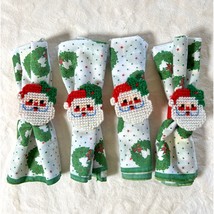 Kitschy Needlepoint Santa Claus Napkin Holders With Christmas Napkins - £15.81 GBP