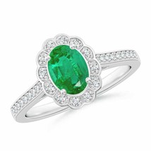 ANGARA Vintage Style Emerald &amp; Diamond Scalloped Halo Ring for Women in 14K Gold - £1,056.78 GBP