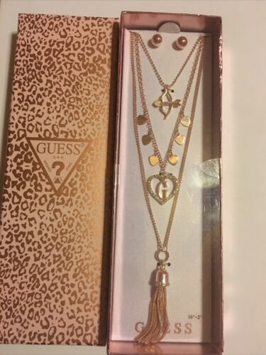 Guess Crystal Three Layered Heart TASSEL Charm Necklace Earrings Set new in Box - $55.03