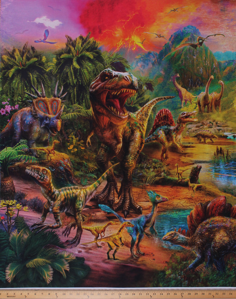 34.5&quot; X 44&quot; Dinosaurs T-Rex Jurassic Animals Digital Cotton Fabric Panel... - $13.37