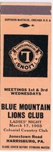 Lions Club Matchbook Cover Harrisburg PA Blue Mountain Lions Club Pink - $1.37