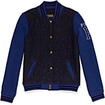 Victorias Secret PINK Varsity Jacket Sz M Navy Blue Black Lace Snap Up F... - £34.22 GBP