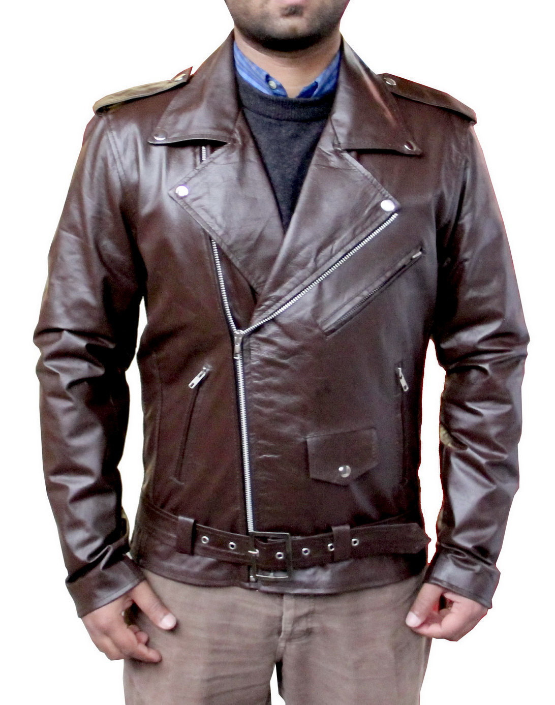 Handmade Men Classic Brando Style Leather Jacket, Men's Brown Belt Zipper Jacket