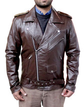 Handmade Men Classic Brando Style Leather Jacket, Men&#39;s Brown Belt Zippe... - £113.23 GBP