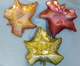 3 Maple Leaf Art Glass Candy Coin Dish Container Fall Autumn 8&quot; - £31.46 GBP