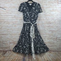 Dressbarn Womans Dress Size 8 Black Floral Chiffon Tie Waist Fit and Flare Lined - $23.14