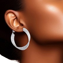14k White Gold Dipped Twisted Diamond-Cut Design Hoop Women's Fashion Earrings - £25.81 GBP
