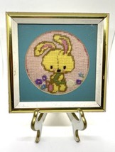 Bunny Rabbit Jiffy Needlepoint Completed Sunset Designs Gold Frame Vintage 1970 - £23.64 GBP