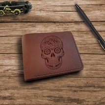 Personalized Wallet. Engraved Skull Wallet. Customized Leather Slim Wallet - £35.55 GBP