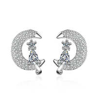 Cubic Zirconia &amp; Crystal Silver-Plated Moon &amp; Kitty Stud Earrings - £11.08 GBP