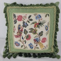 Floral Embroidered Pillow Jacobean Bird Tassels Petite Point Tropical 16&quot; Vtg - £48.11 GBP
