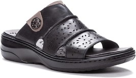 Propet Gertie Leather Slide Sandals Womens 7.5 M Black Laser Cut Details NEW - £35.09 GBP