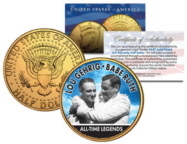 Lou Gehrig &amp; Babe Ruth Baseball Legends Jfk Half Dollar 24K Gold Plated Us Coin - £7.56 GBP