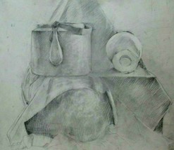 Vintage Original Signed Graphic Drawing. &quot;Still Life with the Teapot&quot; 1960s - $38.61