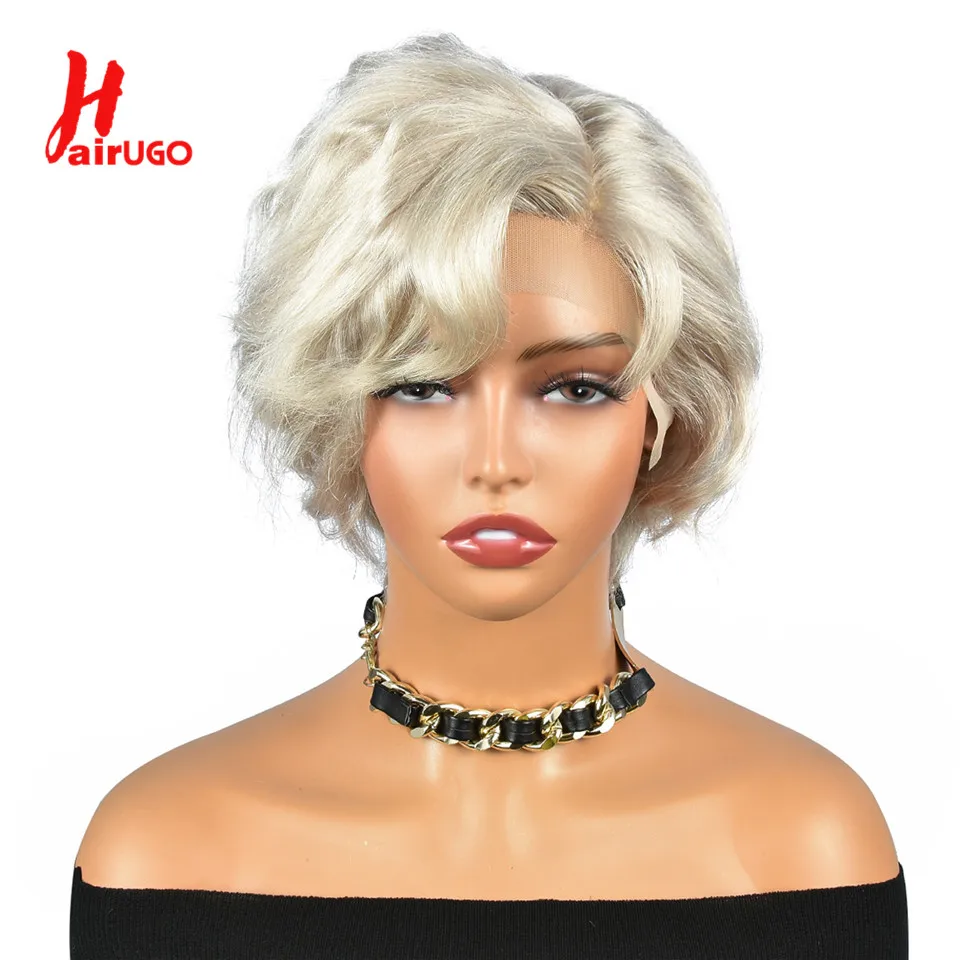 Gray Pixie Cut Wigs 12A Remy Full Machine Made Wigs Ash Platinum Straight T - £42.68 GBP