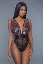 1 Pc. Black Cut-out Lace Bottoms With Raspberry-pink Sequins Plunging Sheer Neck - £28.06 GBP