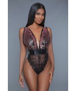 1 Pc. Black Cut-out Lace Bottoms With Raspberry-pink Sequins Plunging Sh... - £27.97 GBP