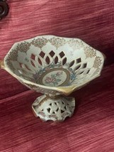 Vintage Fine Porcelain Crown Footed Pedestal Compote Bowl Pink Rose 8.5” X 12” - £17.39 GBP