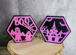 Halloween Ghost Haunted House Wooden Tabletop Signs Black Pink Purple 2 ... - $14.99