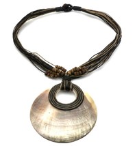 Dark Seashell Pendant Tribal Design Necklace with Black &amp; Beige String - £11.85 GBP