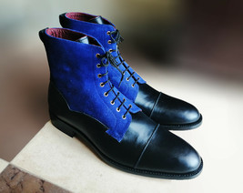 Genuine Premium Black Blue Two Tone Leather High Ankle Men Lace Up Cap Toe Boots - £126.54 GBP+