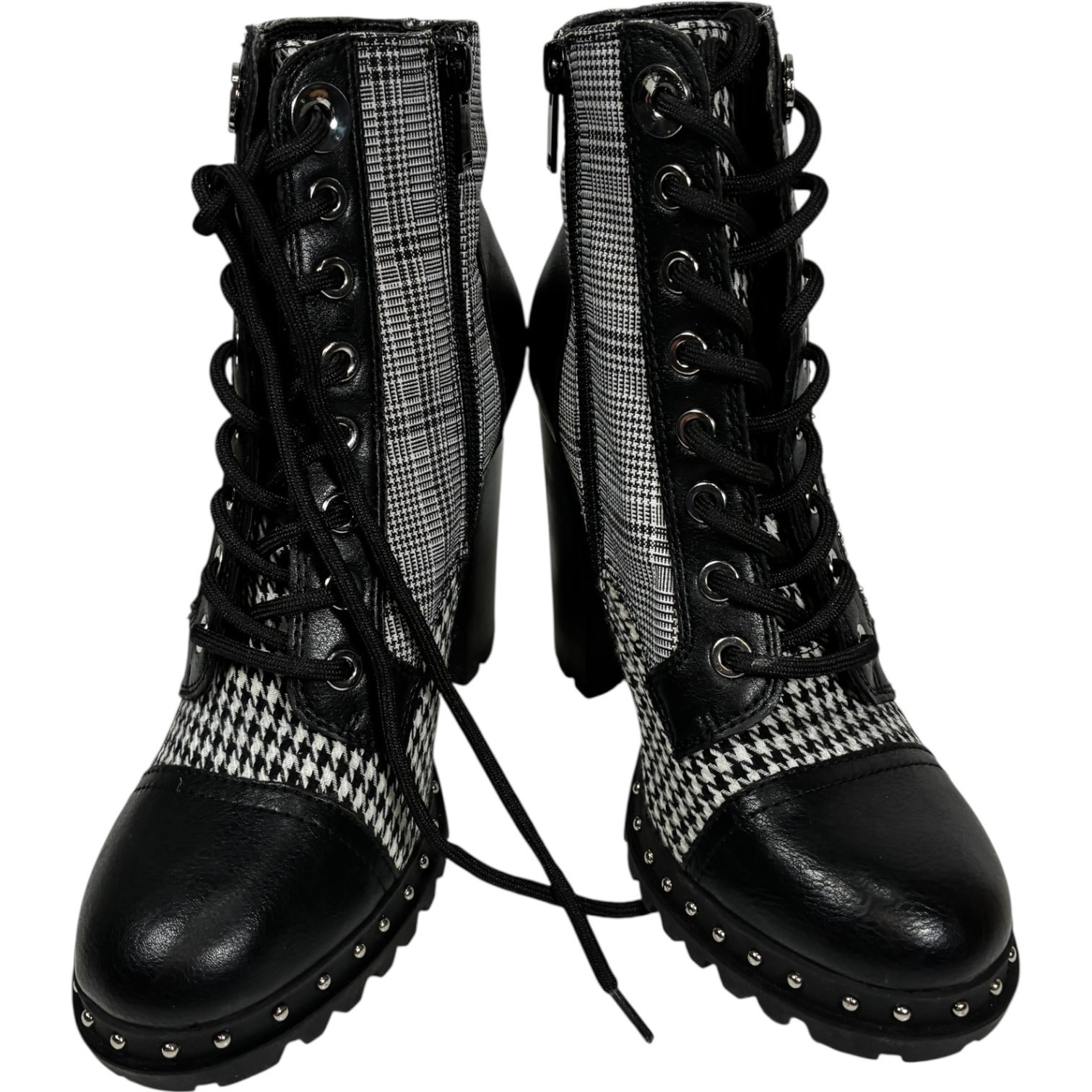Aldo Marille Womens 6.5 Black & White Plaid/Checker Studded Heeled Ankle Boots Item image 4