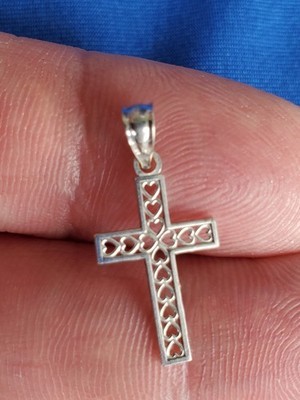 Vintage Deco CROSS Pendant 14k WHITE GOLD Filigree Heart Love Hand Made Designer Item image 4
