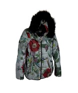 Desigual Nuria Gray Poppy Floral Quilted Jacket With Faux Fur Hood Size ... - $49.49