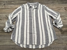 Orvis Button Up Shirt Womens XL Black White Striped Linen Blend Roll-Tab Sleeve - £16.35 GBP