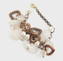 Copper Charm Bracelet with Hearts Faux Pearls White Teardrop Beads NICE - $9.89