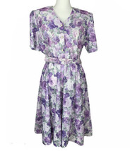 Vtg 80s California Looks Floral Dress Purple Belted Made in the USA Size 14P - $36.62