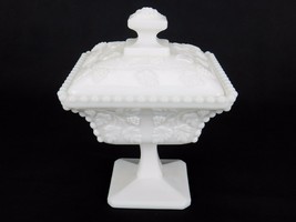 Westmoreland Paneled Grape Beaded Covered Dish Milk Glass Pedestal 6&quot; x 5&quot; - £15.38 GBP